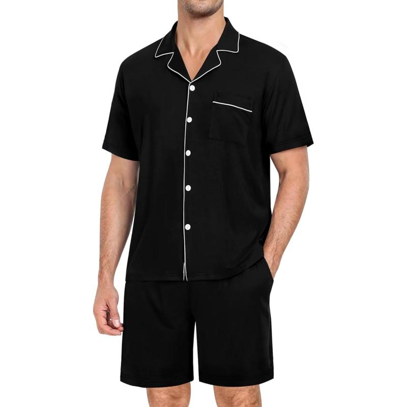 imageSWOMOG Mens Pajama Set Short Sleeve 2 PCS Sleepwear Button Down Soft Loungewear Modal Set Pj Set with Pockets S3XLZ  Black  Solid Cuff