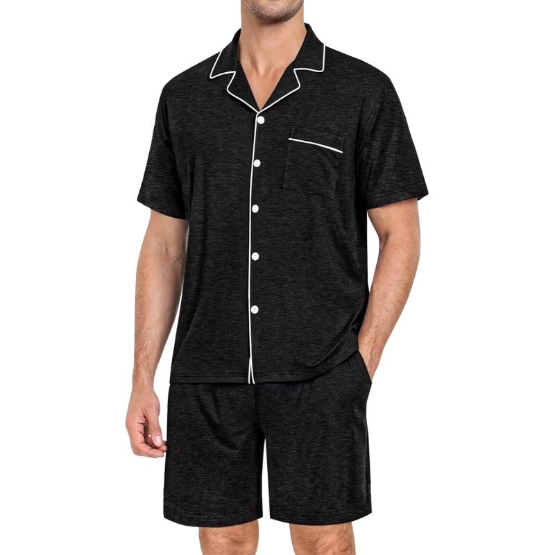 imageSWOMOG Mens Pajama Set Short Sleeve 2 PCS Sleepwear Button Down Soft Loungewear Modal Set Pj Set with Pockets S3XLZ  Black Grey  Solid Cuff