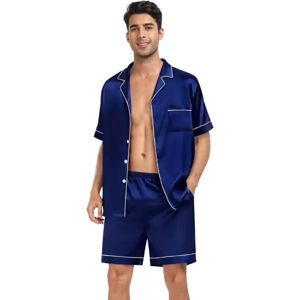 imageSWOMOG Couple Silk Satin Pajama Set Women ampamp Men Short Sleeve 2pc Pjs Button Down Sleepwear LoungewearNavy Blue