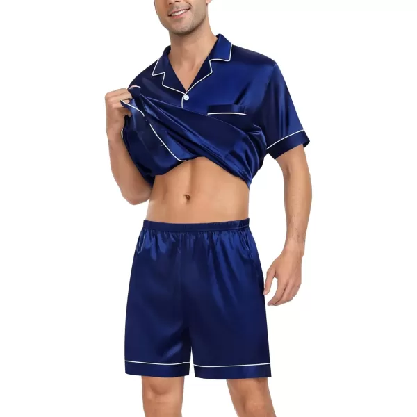 imageSWOMOG Couple Silk Satin Pajama Set Women ampamp Men Short Sleeve 2pc Pjs Button Down Sleepwear LoungewearNavy Blue