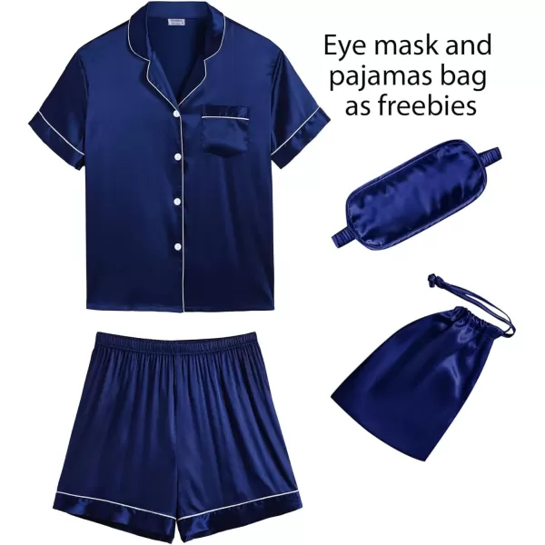 imageSWOMOG Couple Silk Satin Pajama Set Women ampamp Men Short Sleeve 2pc Pjs Button Down Sleepwear LoungewearNavy Blue