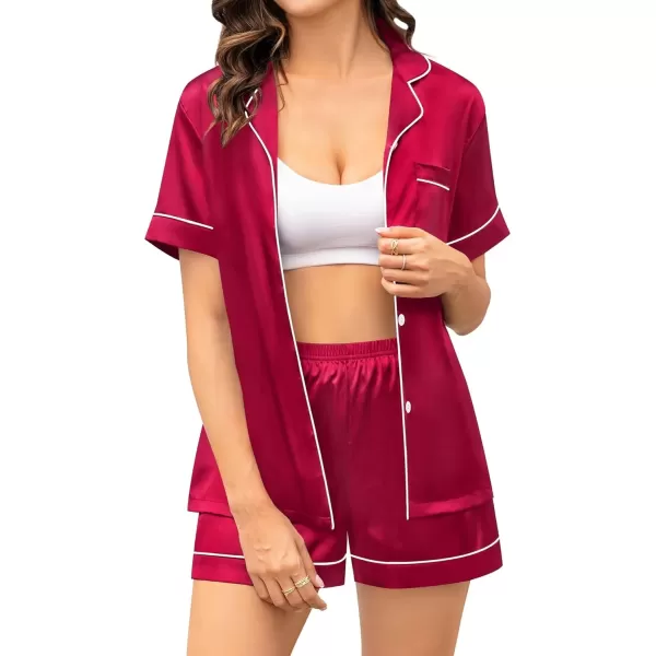 imageSWOMOG Couple Silk Satin Pajama Set Women ampamp Men Short Sleeve 2pc Pjs Button Down Sleepwear LoungewearRed