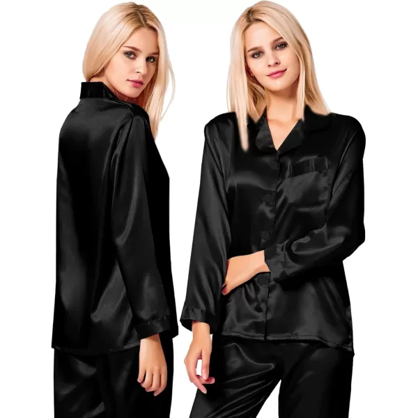 imageSWOMOG Couples Pajamas Womens ampampMens Matching Pajamas Set Silk Satin Pj Set Long Sleeve Button Down Sleepwear 2 Pcs LoungewearBlack