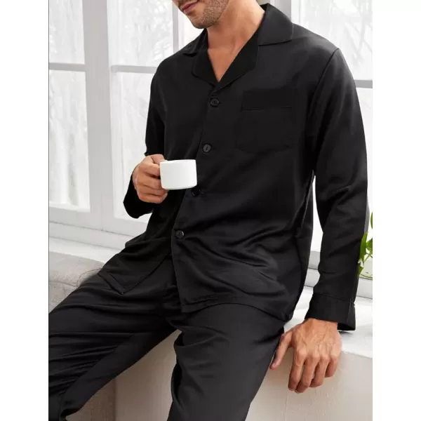imageSWOMOG Couples Pajamas Womens ampampMens Matching Pajamas Set Silk Satin Pj Set Long Sleeve Button Down Sleepwear 2 Pcs LoungewearBlack