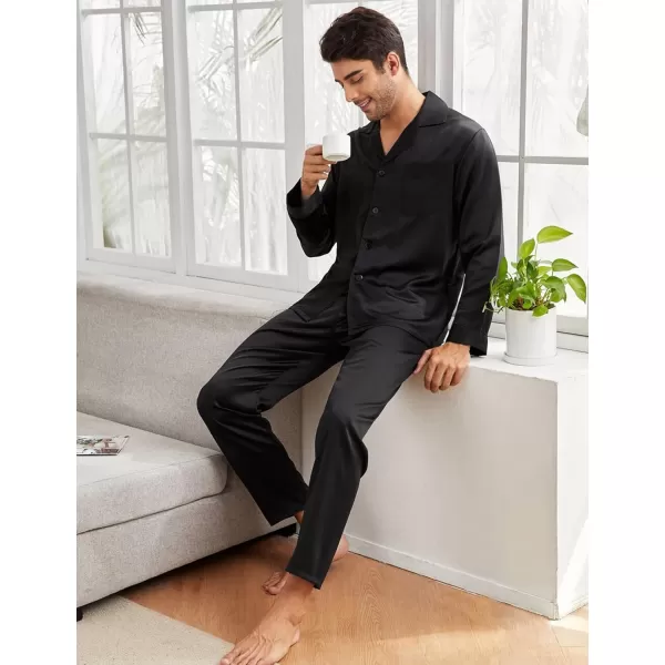 imageSWOMOG Couples Pajamas Womens ampampMens Matching Pajamas Set Silk Satin Pj Set Long Sleeve Button Down Sleepwear 2 Pcs LoungewearBlack