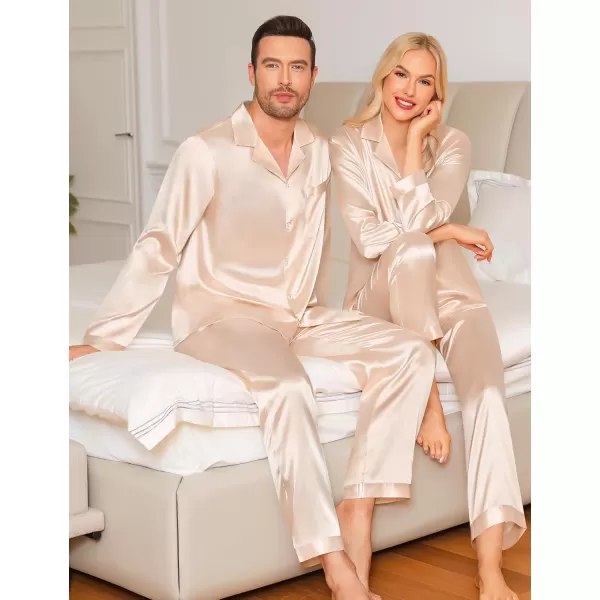 imageSWOMOG Couples Pajamas Womens ampampMens Matching Pajamas Set Silk Satin Pj Set Long Sleeve Button Down Sleepwear 2 Pcs LoungewearChampagne