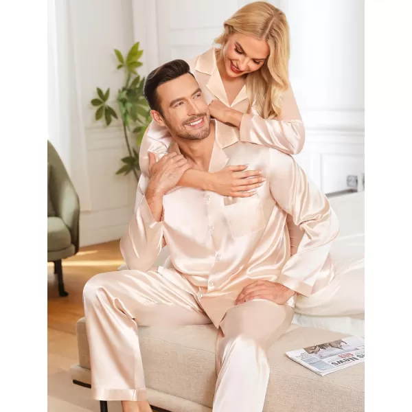 imageSWOMOG Couples Pajamas Womens ampampMens Matching Pajamas Set Silk Satin Pj Set Long Sleeve Button Down Sleepwear 2 Pcs LoungewearChampagne