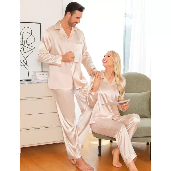 imageSWOMOG Couples Pajamas Womens ampampMens Matching Pajamas Set Silk Satin Pj Set Long Sleeve Button Down Sleepwear 2 Pcs LoungewearChampagne
