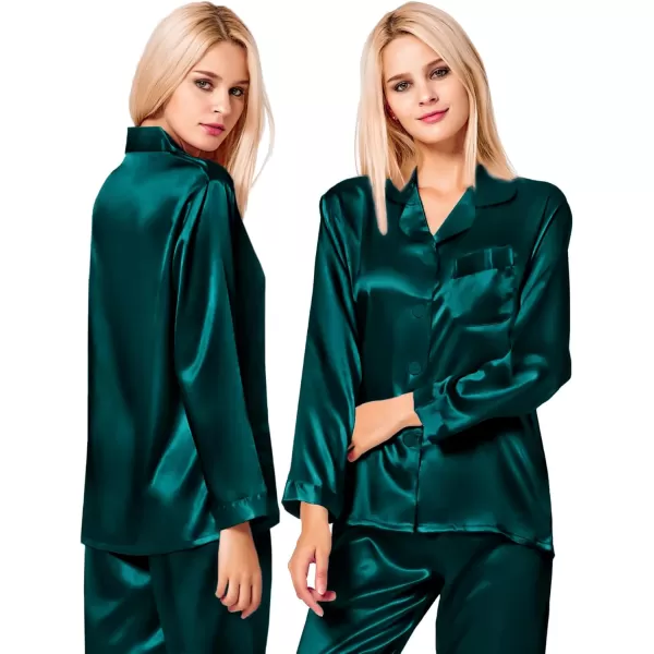 imageSWOMOG Couples Pajamas Womens ampampMens Matching Pajamas Set Silk Satin Pj Set Long Sleeve Button Down Sleepwear 2 Pcs LoungewearDeep Green