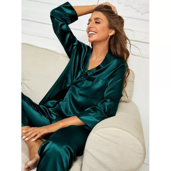 imageSWOMOG Couples Pajamas Womens ampampMens Matching Pajamas Set Silk Satin Pj Set Long Sleeve Button Down Sleepwear 2 Pcs LoungewearDeep Green
