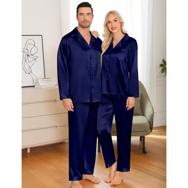imageSWOMOG Couples Pajamas Womens ampampMens Matching Pajamas Set Silk Satin Pj Set Long Sleeve Button Down Sleepwear 2 Pcs LoungewearDeep Navy Blue