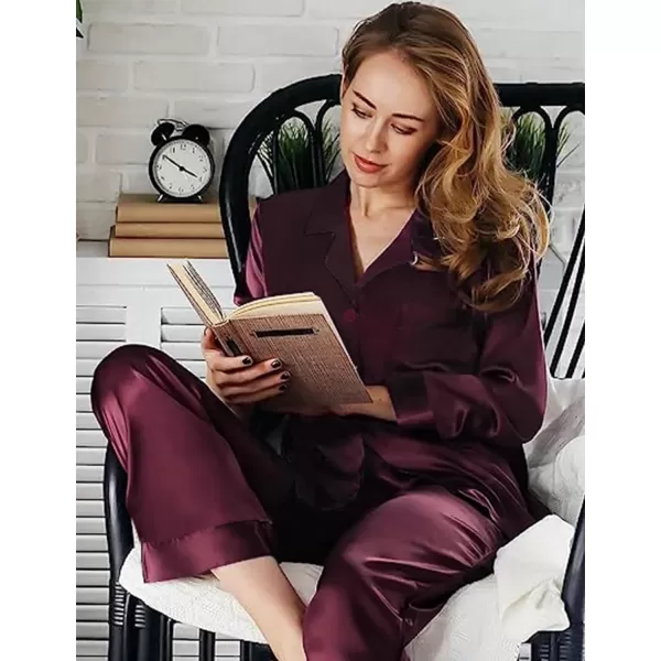 imageSWOMOG Couples Pajamas Womens ampampMens Matching Pajamas Set Silk Satin Pj Set Long Sleeve Button Down Sleepwear 2 Pcs LoungewearDeep Wine Red