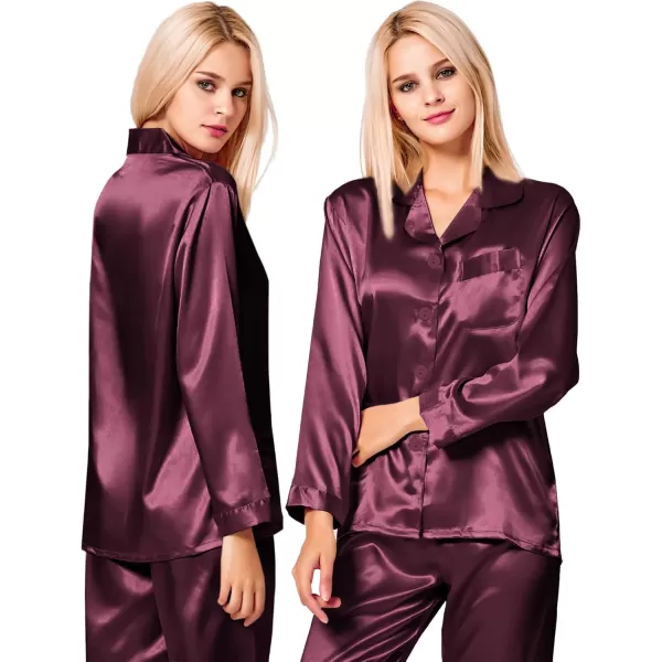 imageSWOMOG Couples Pajamas Womens ampampMens Matching Pajamas Set Silk Satin Pj Set Long Sleeve Button Down Sleepwear 2 Pcs LoungewearDeep Wine Red