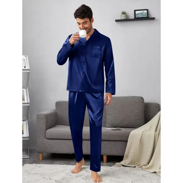 imageSWOMOG Couples Pajamas Womens ampampMens Matching Pajamas Set Silk Satin Pj Set Long Sleeve Button Down Sleepwear 2 Pcs LoungewearNavy Blue