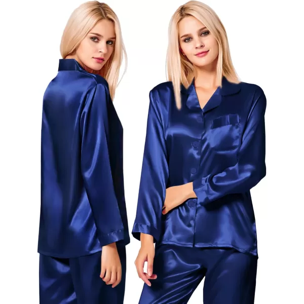 imageSWOMOG Couples Pajamas Womens ampampMens Matching Pajamas Set Silk Satin Pj Set Long Sleeve Button Down Sleepwear 2 Pcs LoungewearNavy Blue