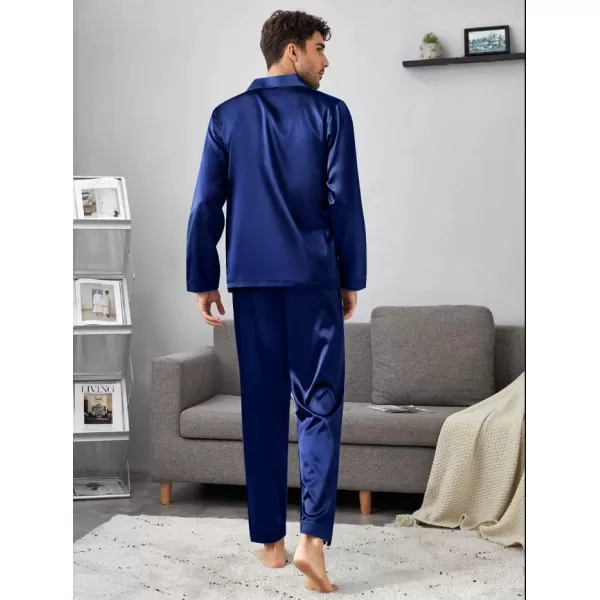 imageSWOMOG Couples Pajamas Womens ampampMens Matching Pajamas Set Silk Satin Pj Set Long Sleeve Button Down Sleepwear 2 Pcs LoungewearNavy Blue
