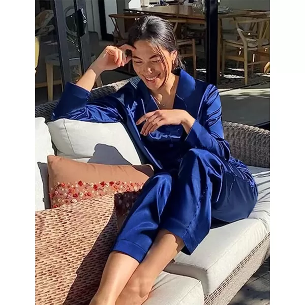 imageSWOMOG Couples Pajamas Womens ampampMens Matching Pajamas Set Silk Satin Pj Set Long Sleeve Button Down Sleepwear 2 Pcs LoungewearNavy Blue