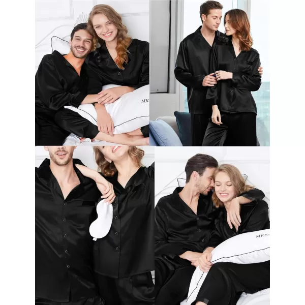 imageSWOMOG Couples Pajamas Womens ampampMens Matching Pajamas Set Silk Satin Pj Set Long Sleeve Button Down Sleepwear 2 Pcs LoungewearPure Black