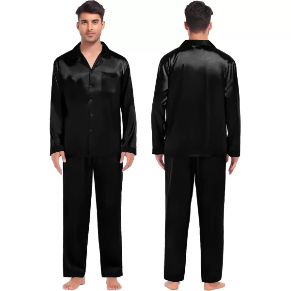 imageSWOMOG Couples Pajamas Womens ampampMens Matching Pajamas Set Silk Satin Pj Set Long Sleeve Button Down Sleepwear 2 Pcs LoungewearPure Black