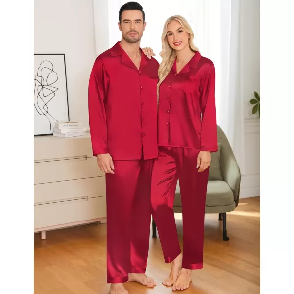 imageSWOMOG Couples Pajamas Womens ampampMens Matching Pajamas Set Silk Satin Pj Set Long Sleeve Button Down Sleepwear 2 Pcs LoungewearRed