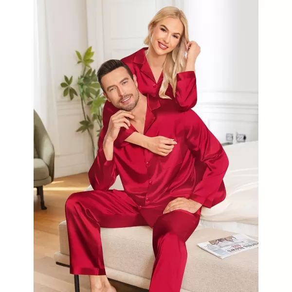 imageSWOMOG Couples Pajamas Womens ampampMens Matching Pajamas Set Silk Satin Pj Set Long Sleeve Button Down Sleepwear 2 Pcs LoungewearRed