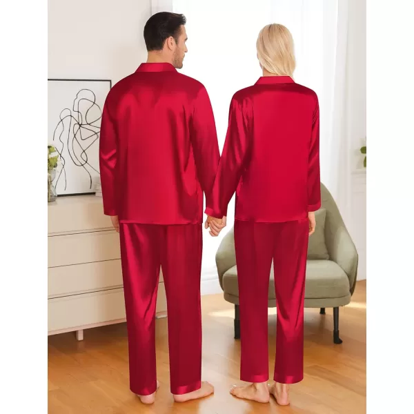 imageSWOMOG Couples Pajamas Womens ampampMens Matching Pajamas Set Silk Satin Pj Set Long Sleeve Button Down Sleepwear 2 Pcs LoungewearRed