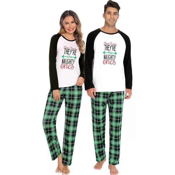 imageSWOMOG Matching Couples Christmas Pajamas Set Women ampamp Men Printed Long Sleeve Pjs Top and Plaid Pants LoungewearGreen Letter