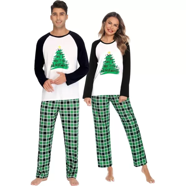 imageSWOMOG Matching Couples Christmas Pajamas Set Women ampamp Men Printed Long Sleeve Pjs Top and Plaid Pants LoungewearGreen Tree