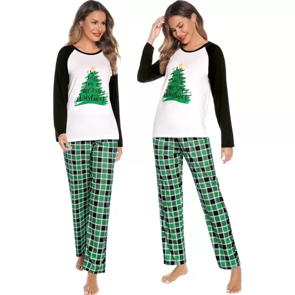 imageSWOMOG Matching Couples Christmas Pajamas Set Women ampamp Men Printed Long Sleeve Pjs Top and Plaid Pants LoungewearGreen Tree