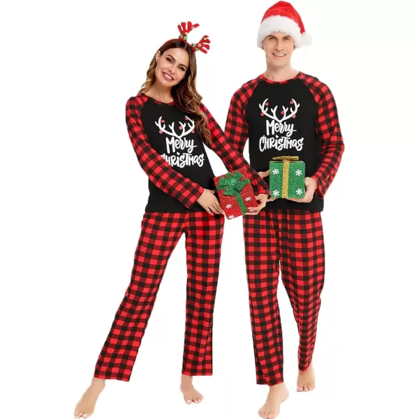 imageSWOMOG Matching Couples Christmas Pajamas Set Women ampamp Men Printed Long Sleeve Pjs Top and Plaid Pants LoungewearLetter Deer