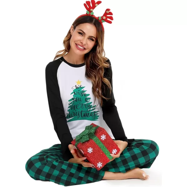 imageSWOMOG Matching Couples Christmas Pajamas Set Women ampamp Men Printed Long Sleeve Pjs Top and Plaid Pants LoungewearLetter Tree