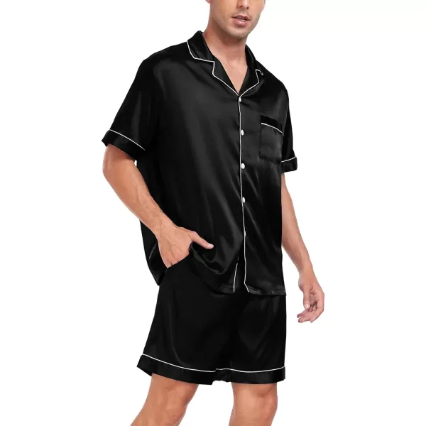 imageSWOMOG Men Satin Silk Pajamas Sets Short Sleeve Sleepwear ButtonDown PJs Sets TwoPieces Loungewear with PocketsBlack