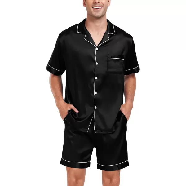 imageSWOMOG Men Satin Silk Pajamas Sets Short Sleeve Sleepwear ButtonDown PJs Sets TwoPieces Loungewear with PocketsBlack