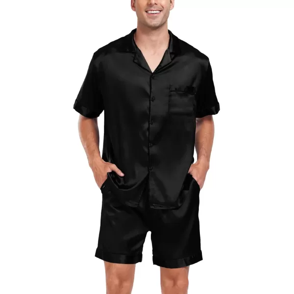 imageSWOMOG Men Satin Silk Pajamas Sets Short Sleeve Sleepwear ButtonDown PJs Sets TwoPieces Loungewear with PocketsBlack Black