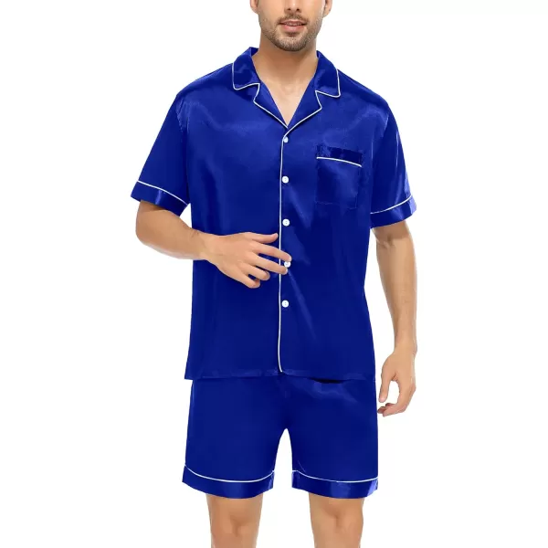 imageSWOMOG Men Satin Silk Pajamas Sets Short Sleeve Sleepwear ButtonDown PJs Sets TwoPieces Loungewear with PocketsBlue