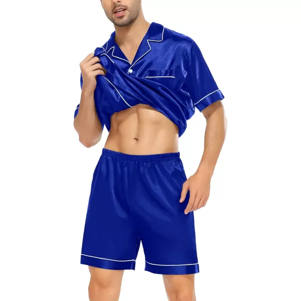 imageSWOMOG Men Satin Silk Pajamas Sets Short Sleeve Sleepwear ButtonDown PJs Sets TwoPieces Loungewear with PocketsBlue