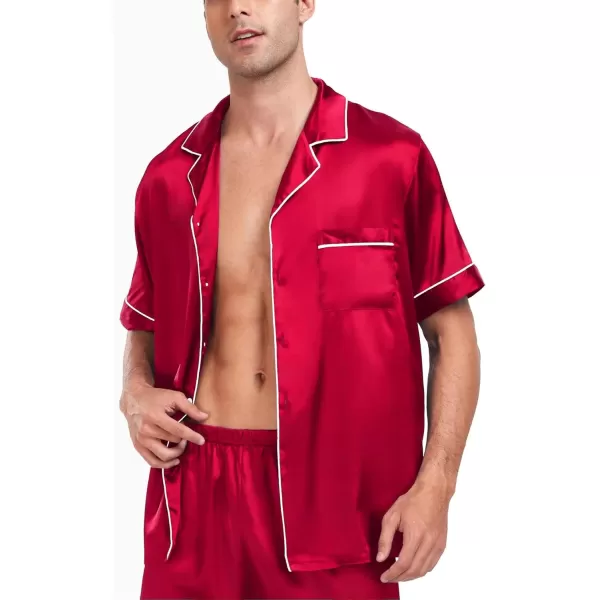 imageSWOMOG Men Satin Silk Pajamas Sets Short Sleeve Sleepwear ButtonDown PJs Sets TwoPieces Loungewear with PocketsCamellia Red