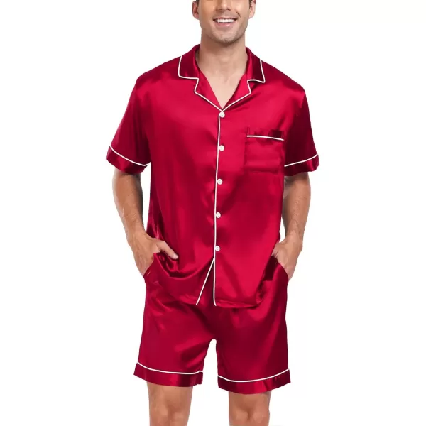 imageSWOMOG Men Satin Silk Pajamas Sets Short Sleeve Sleepwear ButtonDown PJs Sets TwoPieces Loungewear with PocketsCamellia Red