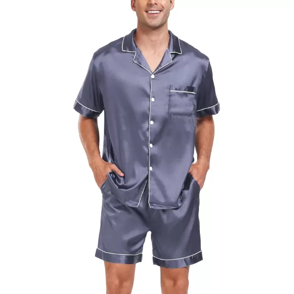 imageSWOMOG Men Satin Silk Pajamas Sets Short Sleeve Sleepwear ButtonDown PJs Sets TwoPieces Loungewear with PocketsDark Gray