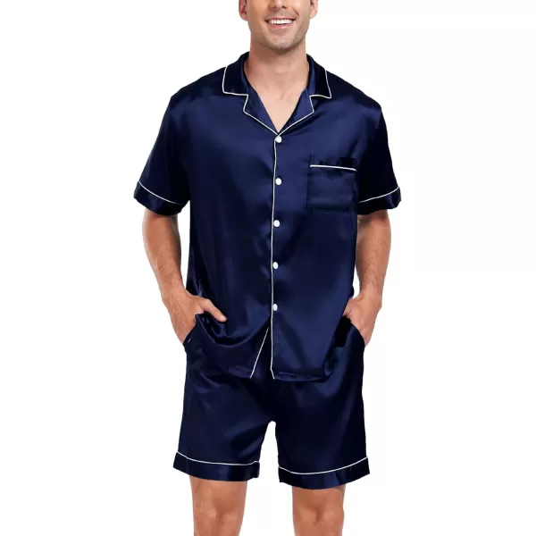 imageSWOMOG Men Satin Silk Pajamas Sets Short Sleeve Sleepwear ButtonDown PJs Sets TwoPieces Loungewear with PocketsDark Navy Blue