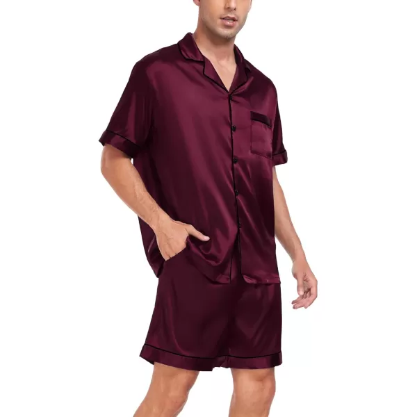 imageSWOMOG Men Satin Silk Pajamas Sets Short Sleeve Sleepwear ButtonDown PJs Sets TwoPieces Loungewear with PocketsDark Wine Red