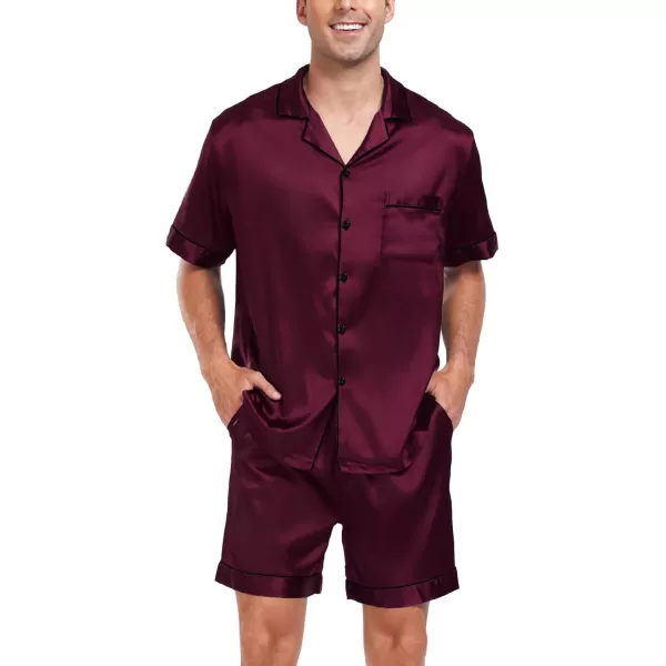 imageSWOMOG Men Satin Silk Pajamas Sets Short Sleeve Sleepwear ButtonDown PJs Sets TwoPieces Loungewear with PocketsDark Wine Red