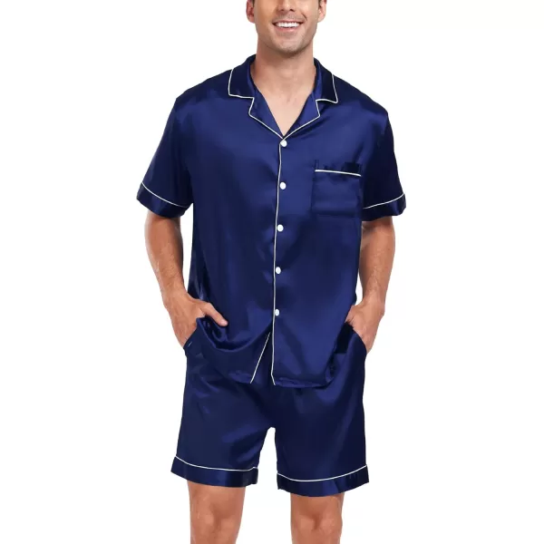 imageSWOMOG Men Satin Silk Pajamas Sets Short Sleeve Sleepwear ButtonDown PJs Sets TwoPieces Loungewear with PocketsNavy Blue