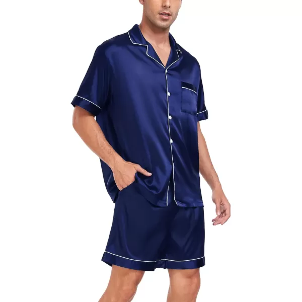 imageSWOMOG Men Satin Silk Pajamas Sets Short Sleeve Sleepwear ButtonDown PJs Sets TwoPieces Loungewear with PocketsNavy Blue