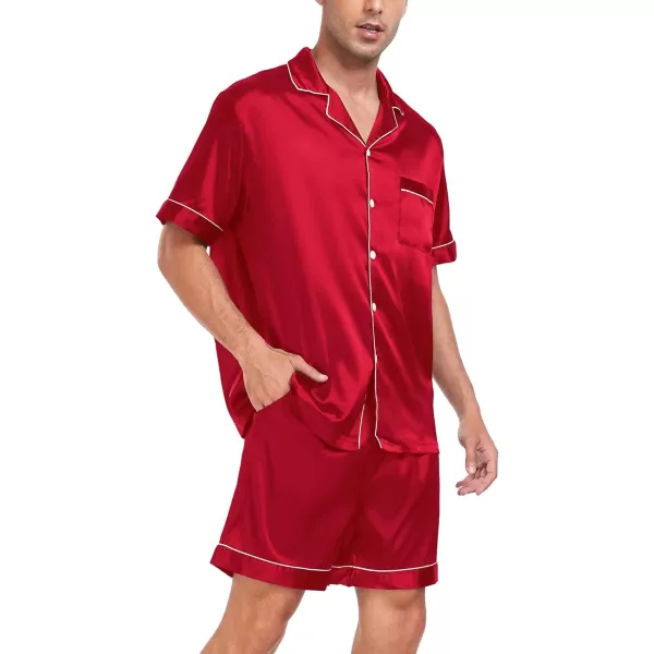 imageSWOMOG Men Satin Silk Pajamas Sets Short Sleeve Sleepwear ButtonDown PJs Sets TwoPieces Loungewear with PocketsRed