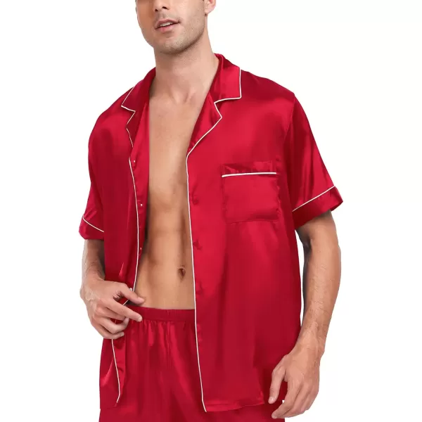 imageSWOMOG Men Satin Silk Pajamas Sets Short Sleeve Sleepwear ButtonDown PJs Sets TwoPieces Loungewear with PocketsRed