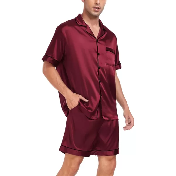 imageSWOMOG Men Satin Silk Pajamas Sets Short Sleeve Sleepwear ButtonDown PJs Sets TwoPieces Loungewear with PocketsWine Red