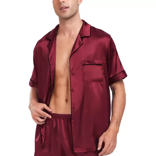 imageSWOMOG Men Satin Silk Pajamas Sets Short Sleeve Sleepwear ButtonDown PJs Sets TwoPieces Loungewear with PocketsWine Red