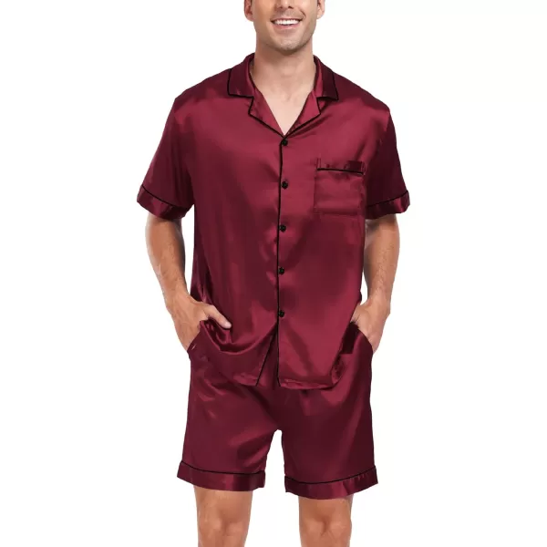 imageSWOMOG Men Satin Silk Pajamas Sets Short Sleeve Sleepwear ButtonDown PJs Sets TwoPieces Loungewear with PocketsWine Red