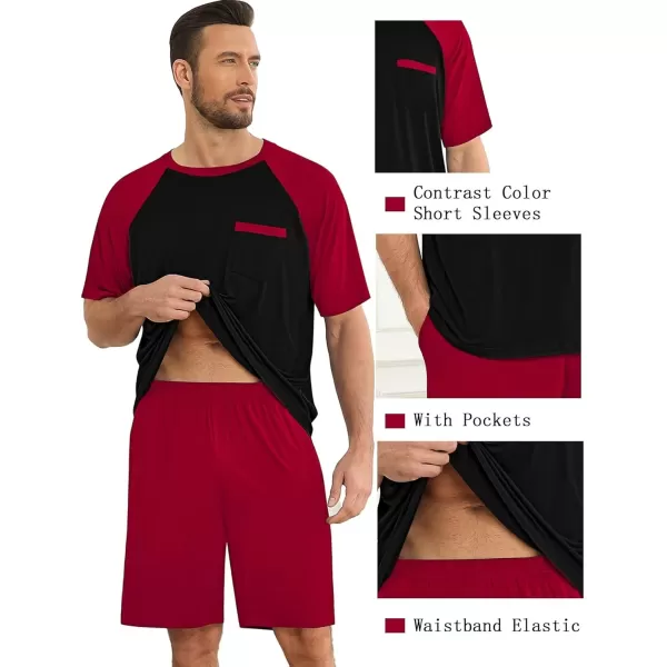 imageSWOMOG Mens Pajama Sets Short Sleeve Summer Pjs With Pocket 2Pcs Soft Comfy Nightwear Soft Sleepwear SXXL0 Wine Redblack